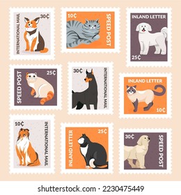 Postage stamp with cute colorful cat, dog character. Postal mark element collection with pet, vector illustration. Happy flat animal seating, lying at mail card design, sticker decoration