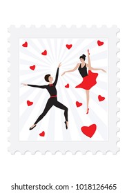 Postage stamp - Dance - Ballet couple surrounded by red hearts - isolated on white background - vector art illustration.