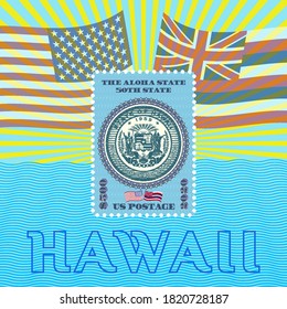 Postage stamp dedicated to the fiftieth state of America, Hawaii. Flags, rays, perforations and waves. EPS10
