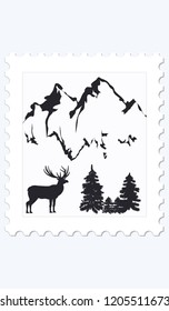 Postage Stamp - Deer, mountains, pines, - flat style, minimalism - isolated on white background - vector
