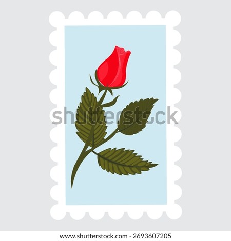 A postage stamp depicting a red rosebud on a stem with leaves. Vector illustration isolated on a gray background.