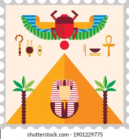 postage stamp design for egypt with pharaohs, pyramids, palm trees and scarabs