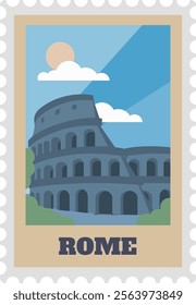 Postage stamp design featuring the iconic Colosseum in Rome, Italy, set against a vibrant blue sky adorned with stylized clouds and a bright sun, capturing the essence of travel and tourism