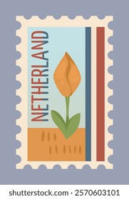 Postage stamp design featuring a tulip flower, vibrant colors, and Netherlands text, on a light blue and orange background. Concept of Dutch culture. Vector illustration