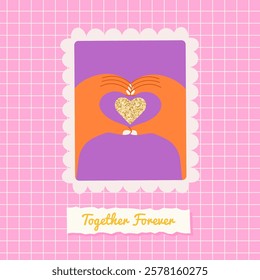 Postage stamp design with hands love symbol and gold glitter heart. Checkered background. Romantic quote. Love, support, care concept card. Flat style. 