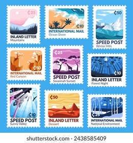 Postage stamp design set with colorful landcape. Postmark element collection with country nature background, vector illustration. Environment concept at template post mark