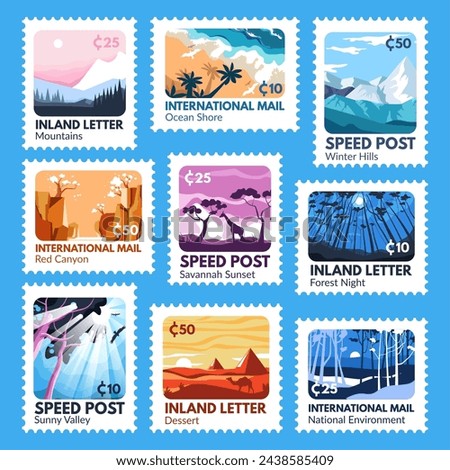 Postage stamp design set with colorful landcape. Postmark element collection with country nature background, vector illustration. Environment concept at template post mark