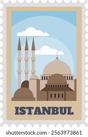 Postage stamp design showcasing Istanbul s skyline with Suleymaniye Mosque, featuring its iconic minarets and dome, capturing the essence of Turkish architecture and travel