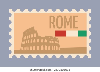 Postage stamp design showing the Colosseum in Rome, Italian flag colors, minimal vector style on a gray background. Concept of travel and heritage. Vector illustration.