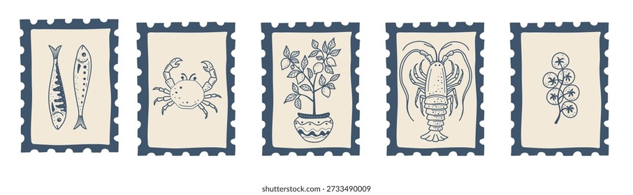 Postage stamp designs inspired by Mediterranean lifestyle and cuisine. Great for travel branding and creative projects.