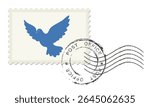 Postage stamp with a dove. Postal seal and wavy cancellation mark. Blank postage postmark.