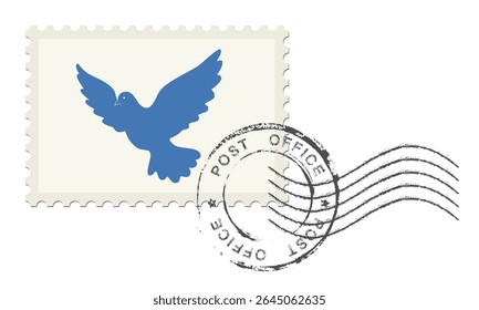 Postage stamp with a dove. Postal seal and wavy cancellation mark. Blank postage postmark.