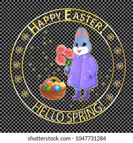 Postage stamp with an Easter bunny with a basket of eggs and gerberas. In rubber boots and a purple raincoat. Congratulations on Easter. Comic seal on the envelope. On a transparent background.Vector.