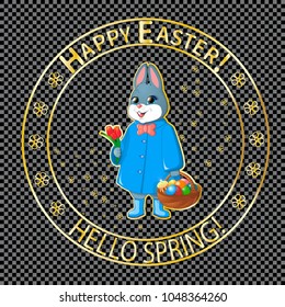  Postage stamp with an Easter bunny with a basket of painted eggs and a bouquet of tulips. In rubber boots and a raincoat. Easter, Comic seal on the envelope. On a transparent background. Vector.