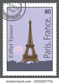 Postage stamp with the Eiffel Tower. Vector.