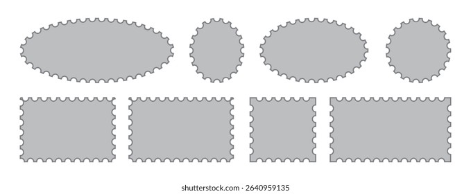 Postage stamp empty borders set. Vintage postage stamp frame with square edges and postal design. Blank rectangle and square postage stamps. vector.