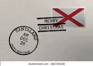 Postage stamp envelope with Alabama US flag and Christmas and New Year stamps, vector
