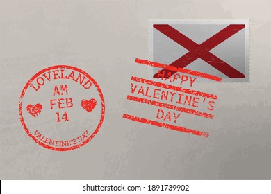 Postage stamp envelope with Alabama US flag and Valentine s Day stamps, vector