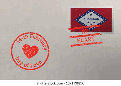 Postage stamp envelope with Arkansas US flag and Valentine s Day stamps, vector