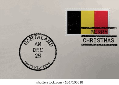 Postage stamp envelope with Belgium flag, Christmas and New Year stamps, vector