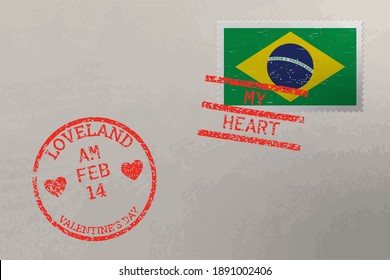 Sobre de estampado de rehenes con bandera de Brasil y sellos de San Valentín, vector