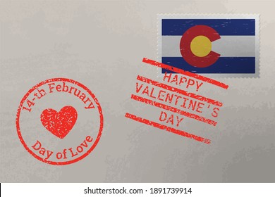 Postage stamp envelope with Colorado US flag and Valentine s Day stamps, vector