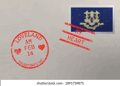 Postage stamp envelope with Connecticut US flag and Valentine s Day stamps, vector