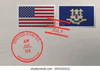 Postage stamp envelope with Connecticut and USA flag and 4-th July stamps, vector