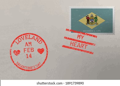 Postage stamp envelope with Delaware US flag and Valentine s Day stamps, vector