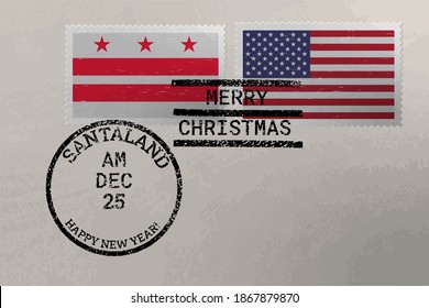 Sobre del sello de los rehenes con banderas del Distrito de Columbia - Washington, D.C. y los Estados Unidos y estampillas de Navidad y Año Nuevo, vector