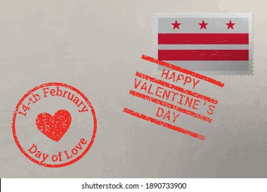 Postage stamp envelope with District of Columbia US flag and Valentines Day stamps, vector