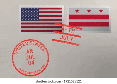 Postage stamp envelope with District of Columbia and USA flag and 4-th July stamps, vector