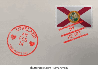 Postage stamp envelope with Florida US flag and Valentine s Day stamps, vector