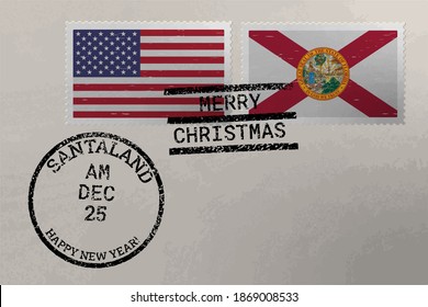 Postage Stamp Envelope With Florida And USA Flag And Christmas And New Year Stamps, Vector