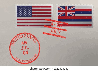 Postage stamp envelope with Hawaii and USA flag and 4-th July stamps, vector