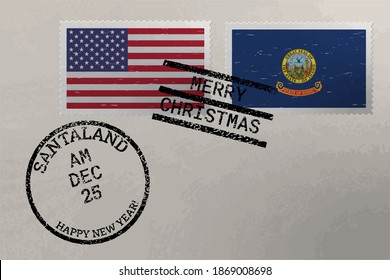 Postage stamp envelope with Idaho and USA flag and Christmas and New Year stamps, vector