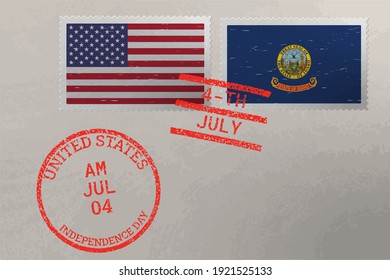 Postage stamp envelope with Idaho and USA flag and 4-th July stamps, vector