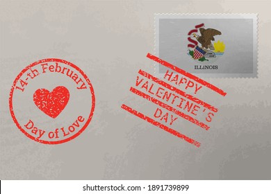 Postage stamp envelope with Illinois US flag and Valentine s Day stamps, vector