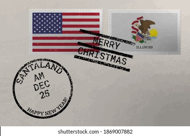 Postage stamp envelope with Illinois and USA flag and Christmas and New Year stamps, vector