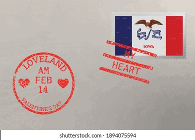 Postage stamp envelope with Iowa US flag and Valentine s Day stamps, vector