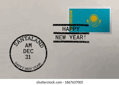 Postage stamp envelope with Kazakhstan flag and New Year stamps, vector image