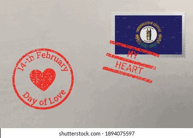 Postage stamp envelope with Kentucky US flag and Valentine s Day stamps, vector