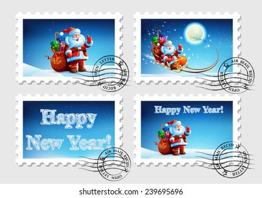 Postage stamp for an envelope with a letter with a picture of Santa Claus. Happy New Year. Merry Christmas. Vector. Icon.