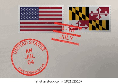 Postage stamp envelope with Maryland and USA flag and 4-th July stamps, vector