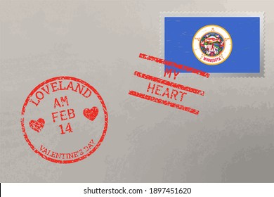Postage stamp envelope with Minnesota USA flag and Valentine s Day stamps, vector