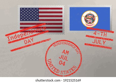Postage stamp envelope with Minnesota and USA flag and 4-th July stamps, vector