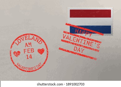 Postage stamp envelope with Netherlands flag and Valentine s Day stamps, vector
