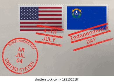 Postage stamp envelope with Nevada and USA flag and 4-th July stamps, vector