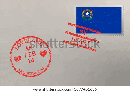 Postage stamp envelope with Nevada USA flag and Valentine s Day stamps, vector