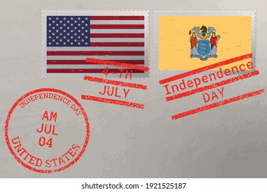 Postage stamp envelope with New Jersey and USA flag and 4-th July stamps, vector